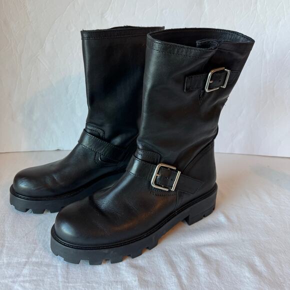 Steve Madden Women's Gleeson Leather Moto Pull On Boot 7 Black Buckles Edgy - Picture 1 of 13